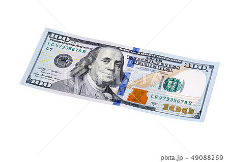 New design of US currency one hundred dollar bills isolated. Stacked shot. 49088269