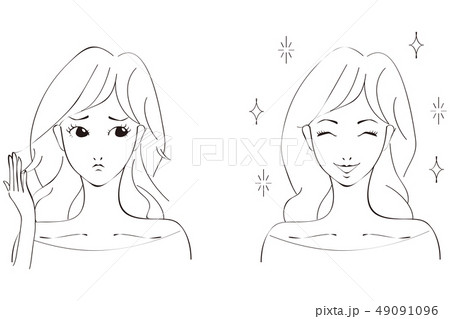美容 女性 髪がぼさぼさ と まとまる 黒い線画のイラスト素材