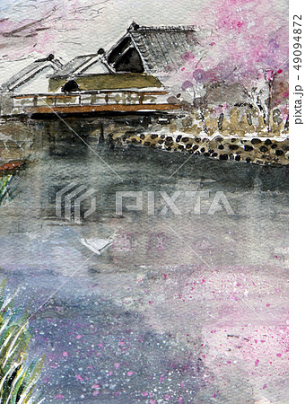 花筏 花いかだ 桜 花びら 川のイラスト素材