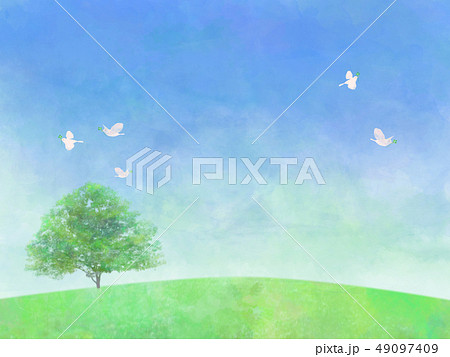 丘の上の木 鳥 空 樹木 水彩 手描き風のイラスト素材