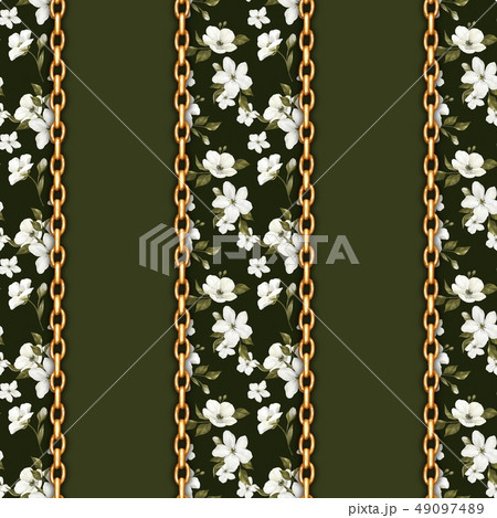 Seamless pattern with gold chains and white flowers 49097489
