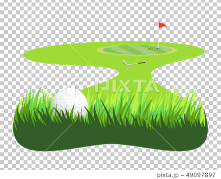 Illustration of a golf ball and green in rough bushes 49097897