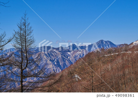 奥日光 残雪の半月峠から西側の山々（皇海山等）眺望 49098361