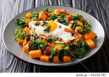 Organic sweet potato with kale cabbage, bacon 49102787