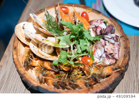Seafood on table in menu at restaurant Seafood on table in menu at restaurant 49109594