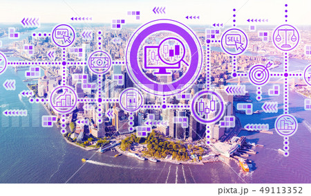 Stock trading concept with aerial view of Manhattan Stock trading concept with aerial view of Manhattan 49113352
