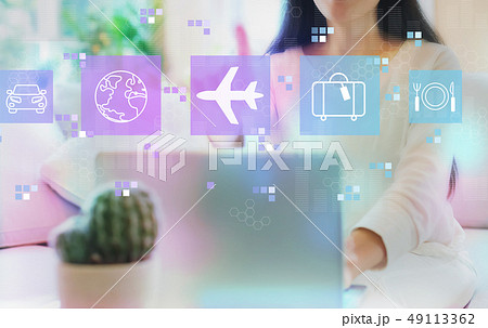 Airplane travel theme with woman using her laptop 49113362