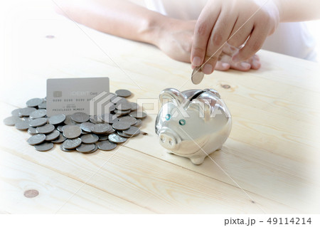 A Dedit cards with  coins and piggy bank 49114214