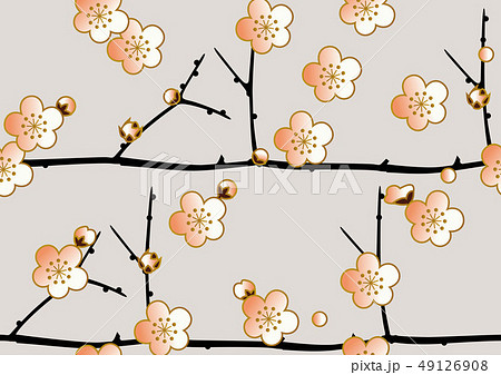 梅とメジロのパターン シームレスな日本の模様 春の和柄 梅の花のイメージイラスト のイラスト素材