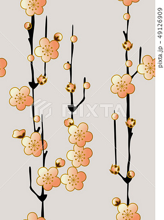 梅とメジロのパターン シームレスな日本の模様 春の和柄 梅の花のイメージイラスト のイラスト素材
