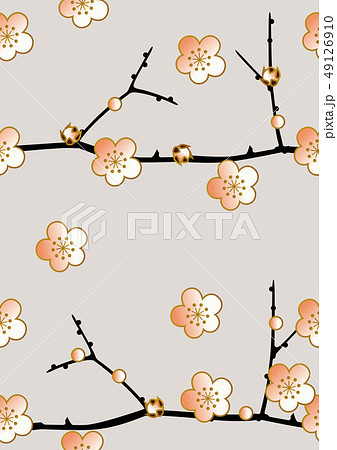 梅とメジロのパターン シームレスな日本の模様 春の和柄 梅の花のイメージイラスト のイラスト素材