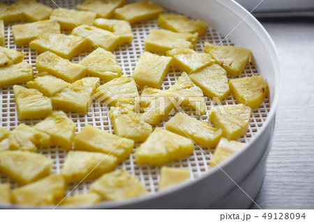 chopped pineapple in a dehydrator dryer, close-up. 49128094