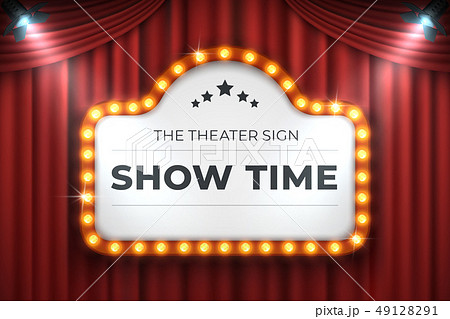 Theater cinema sign. Movie light frame, retro marquee banner on red background. Vector light bulb 49128291