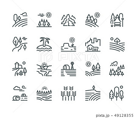 Landscape line icons. Nature park mountain hill forest trees and countryside garden, industrial 49128355