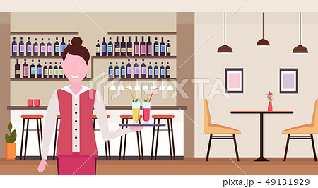 young waitress holding tray with cocktails professional worker in cafe serving drinks for clients young waitress holding tray with cocktails professional worker in cafe serving drinks for clients 49131929
