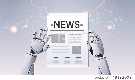 robot hands holding newspaper humanoid reading daily news top angle view artificial intelligence robot hands holding newspaper humanoid reading daily news top angle view artificial intelligence 49132008