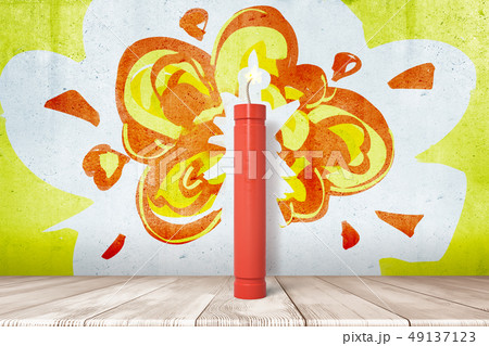 3d rendering of red dynamite stick on white wooden floor with a cartoon explosion drawn on the 49137123