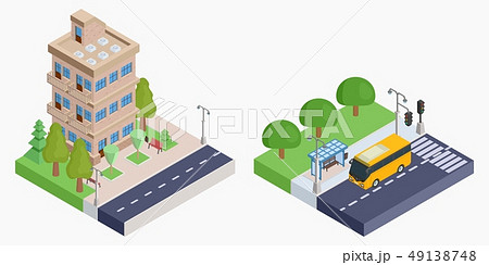 brown isometric house and bus station 49138748