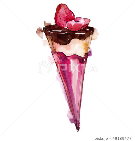 Tasty ice cream cone in a watercolor style isolated. Aquarelle sweet dessert. Background 49139477