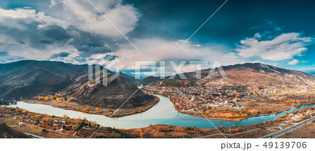 Mtskheta, Georgia. Top View Of Ancient Town Located At Valley Of Confluence Of Rivers Mtkvari Kura 49139706