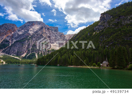 amazing view of turquoise Lago di Braies Lake 49139734