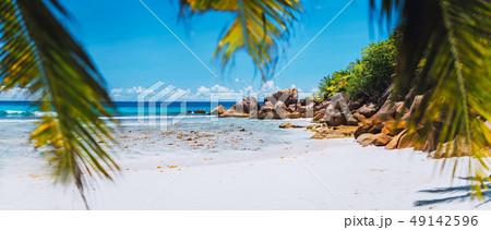 Tropical white sand beach on paradise island. Exotic Summer vacation travel relaxation holiday Tropical white sand beach on paradise island. Exotic Summer vacation travel relaxation holiday 49142596