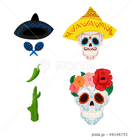 Mexican sugar skull illustration and objects for Cinco de Mayo 49146755