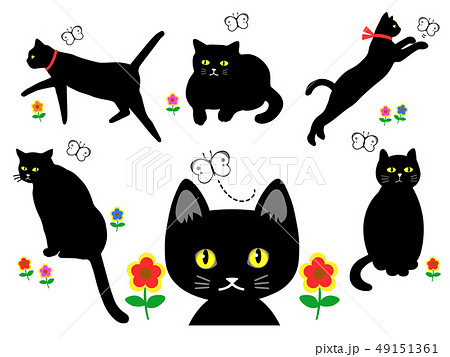 黒猫と花のイラストセットのイラスト素材