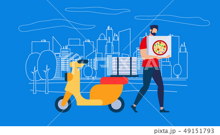 Courier Man Character in Red Shirt Carry Pizza Box Courier Man Character in Red Shirt Carry Pizza Box 49151793