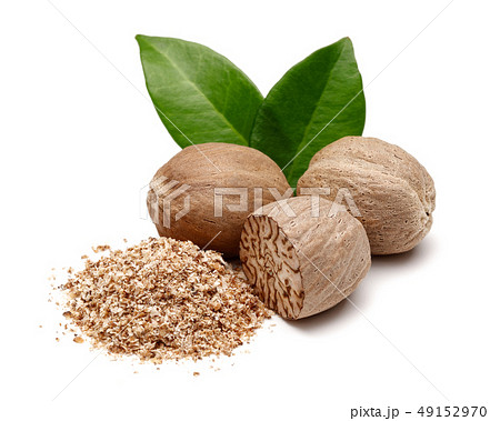 Whole and grated nutmeg with leaves isolated Whole and grated nutmeg with leaves isolated 49152970