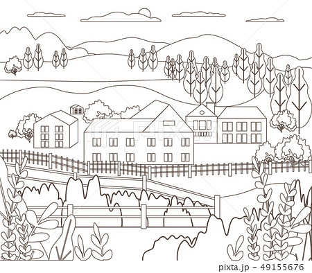 Thin line outline landscape rural farm. Panorama Thin line outline landscape rural farm. Panorama 49155676