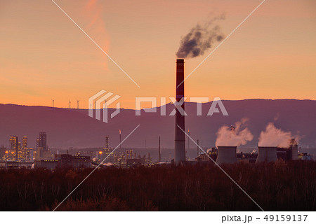 Heavy industry, petrochemical factory on sunset. Heavy industry, petrochemical factory on sunset. 49159137