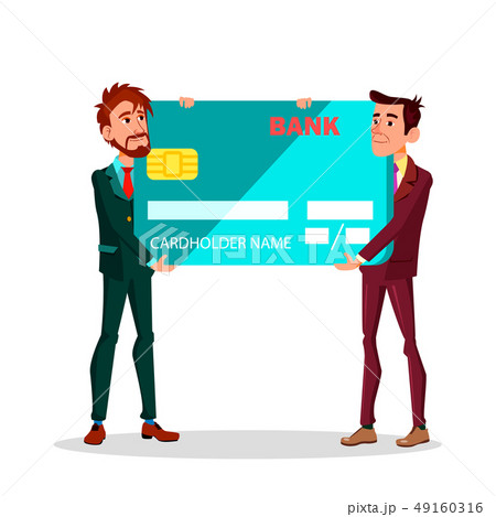Two Businessmen In Hands With Great Effort Carry Large Credit Bank Card Vector Flat Cartoon Two Businessmen In Hands With Great Effort Carry Large Credit Bank Card Vector Flat Cartoon 49160316