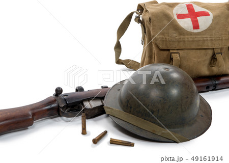british helmet, bag and rifle of World War II, on 49161914
