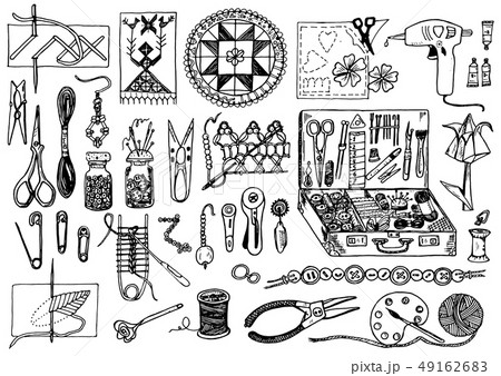 Tools for hobby. Sewing elements or materials for knitting and needlework. Set of Handmade equipment 49162683