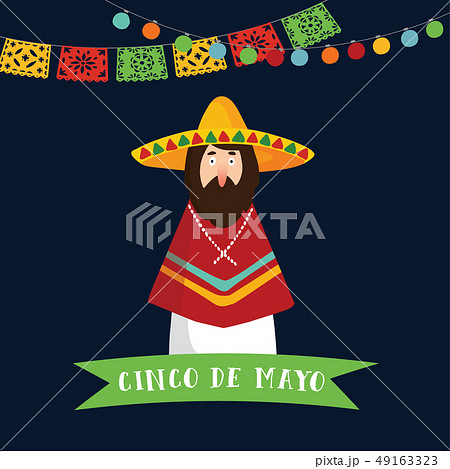 Cinco de Mayo greeting card, invitation. Mexican man with sombrero hat, poncho and ribbon banner Cinco de Mayo greeting card, invitation. Mexican man with sombrero hat, poncho and ribbon banner 49163323