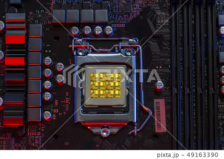 desktop processor 9th gen on background motherboard closeup desktop processor 9th gen on background motherboard closeup 49163390
