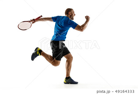 Portrait of a handsome male tennis player celebrating his success isolated on a white background 49164333