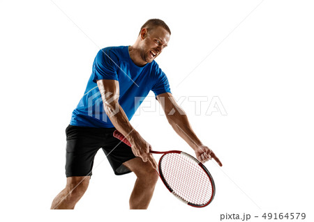 Stressed tennis player arguing with chair empire at court. 49164579