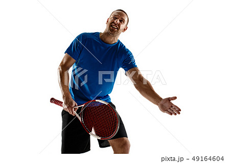 Stressed tennis player arguing with chair empire at court. 49164604