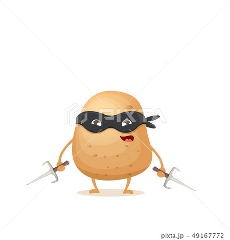 vector cartoon ninja potato character with black super hero mask and ninja knife sai isolated on 49167772