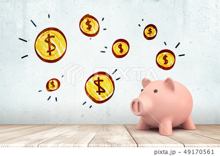 3d rendering of pink piggy bank on white wooden floor with cartoon dollar coins on white wall 3d rendering of pink piggy bank on white wooden floor with cartoon dollar coins on white wall 49170561