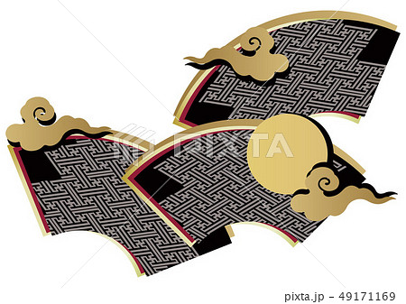 和柄素材。地紙紋。扇と月に群雲。雷門と月夜のデザイン。 49171169