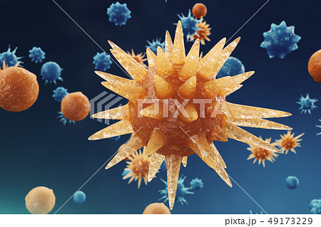3D illustration Virus backgorund. Viruses influenza, hepatitis, AIDS, E. coli, colon bacillus 49173229