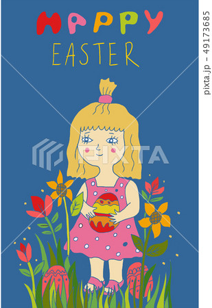 Cute little child girl holding painted egg in flowers Cute little child girl holding painted egg in flowers 49173685