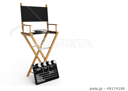 Director Chair, Movie Clapper and film reel. Director chair isolated on white background. 3D Director Chair, Movie Clapper and film reel. Director chair isolated on white background. 3D 49174190