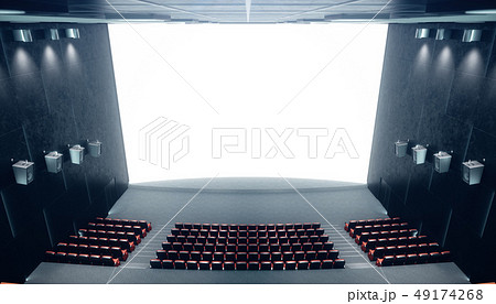 Cinema hall with blank screen and empty seats. Modern design with striking lighting, neon lighting Cinema hall with blank screen and empty seats. Modern design with striking lighting, neon lighting 49174268