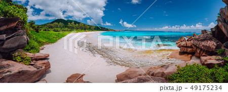 Panoramic view of most spectacular tropical beach Grande Anse on La Digue Island, Seychelles 49175234