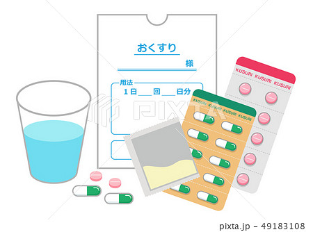 薬と薬袋とコップ（錠剤、カプセル、粉薬） 49183108