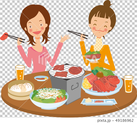 焼き肉を食べる女性二人のイラスト素材